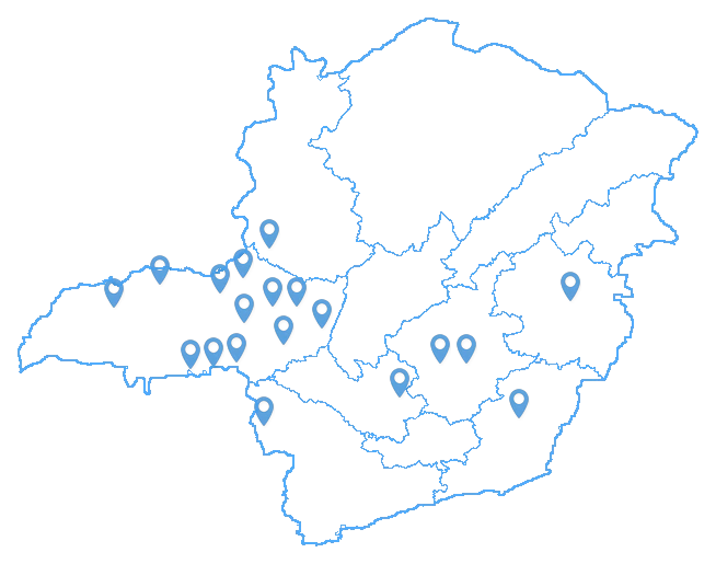 Mapa de Minas Gerais com as cidades atendidas pela Sanfelice